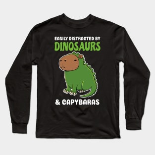 Easily Distracted by Dinosaurs and Capybaras Cartoon Long Sleeve T-Shirt